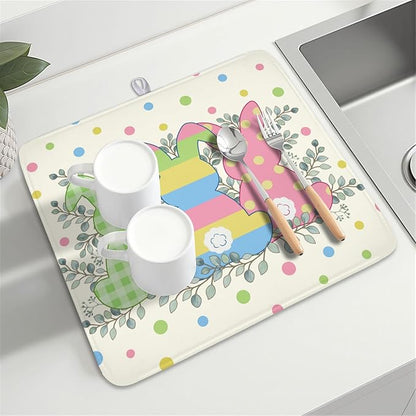 Easter Bunny Dish Drying Mat for Kitchen Counter Cute Rabbit Colorful Polka Dots Pattern Drying Mat 16x18 Inch Spring Holiday Absorbent Dish Drainer Mat Kitchen Accessories