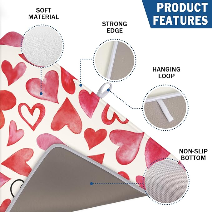 Valentine's Day Dish Drying Mat 18 x 24 Inch Heart Shaped Dish Drying Pad Absorbent Microfiber Mats for Red and Pink Dish Rack Pad for Kitchen Counter Coffee Bar Decor