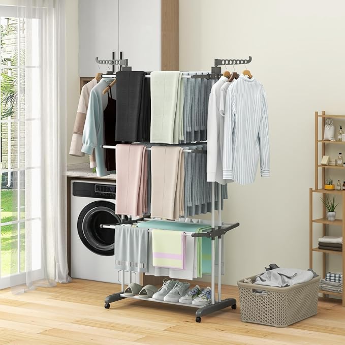 Tangkula 4-Tier Foldable Clothes Drying Rack, Oversized Drying Rack w/Lockable Wheels & Rust-Proof Metal Frame, Indoor Outdoor Large Drying Hanger w/Adjustable Gullwings, Movable Laundry Hanger