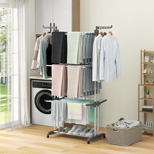 Tangkula 4-Tier Foldable Clothes Drying Rack, Oversized Drying Rack w/Lockable Wheels & Rust-Proof Metal Frame, Indoor Outdoor Large Drying Hanger w/Adjustable Gullwings, Movable Laundry Hanger