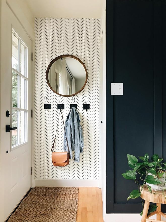 Orainege Black and White Peel and Stick Wallpaper Herringbone Contact Paper for Bathroom 17.7in x 118.1inModern Geometric Self Adhesive Wallpaper Removable Wall Paper Peel and Stick
