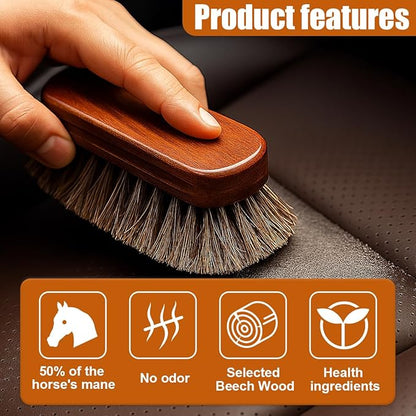 Car Leather & Upholstery Cleaning Brush Set, Horse Hair Long Bristle Detailing Brush, Versatile Automotive Interior Cleaning Accessories for Seat, Carpet, Sofa, Furniture, Shoes (Brown)