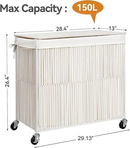 WOWLIVE Laundry Hamper with Wheels, 160L Handwoven Rolling Laundry Basket 3 Section with Lid, Clothes Hamper with 3 Removable Liner Bags, Large Laundry Sorter Laundry Room Organization, Creamy White