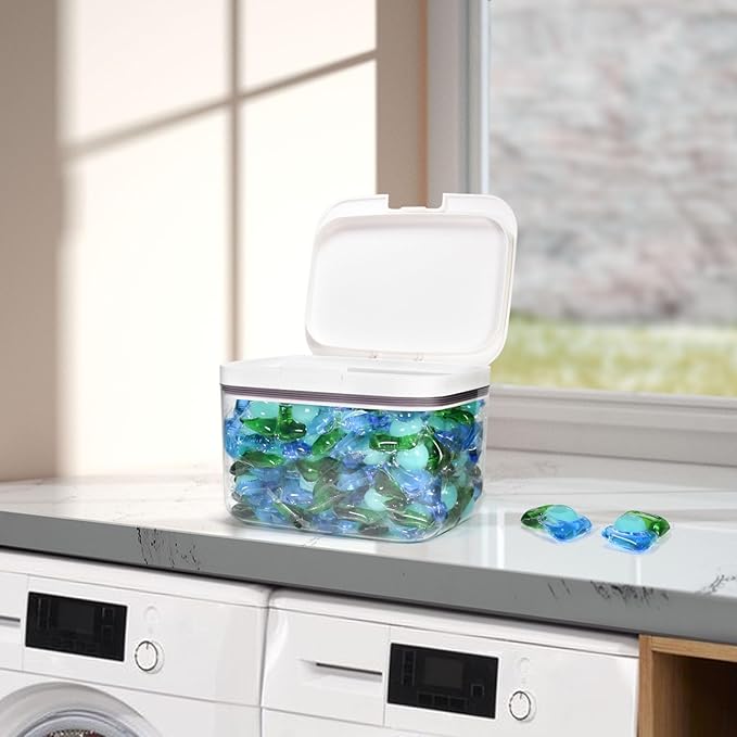 Laundry Pods Container Holder with Lid, Laundry Room Storage Container for Detergent Pods Laundry Powder Scent Booster Container with Scoop