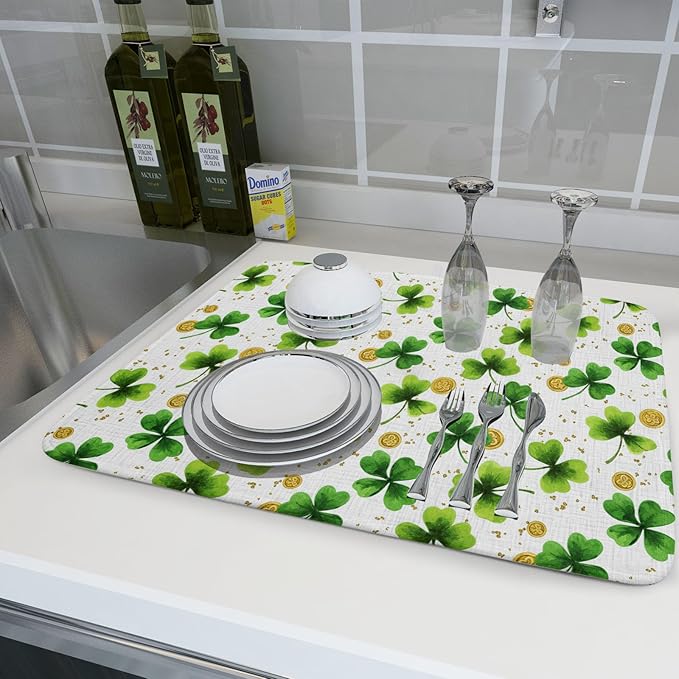 Green Shamrock St. Patrick's Day Dish Drying Mat 18 x 24 Inch With Absorbent Reversible Microfiber Lucky Clover Drying Spring Dish Drainer Mat Fast Dry For Kitchen Dining Room Decor