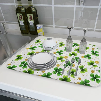 Green Shamrock St. Patrick's Day Dish Drying Mat 18 x 24 Inch With Absorbent Reversible Microfiber Lucky Clover Drying Spring Dish Drainer Mat Fast Dry For Kitchen Dining Room Decor