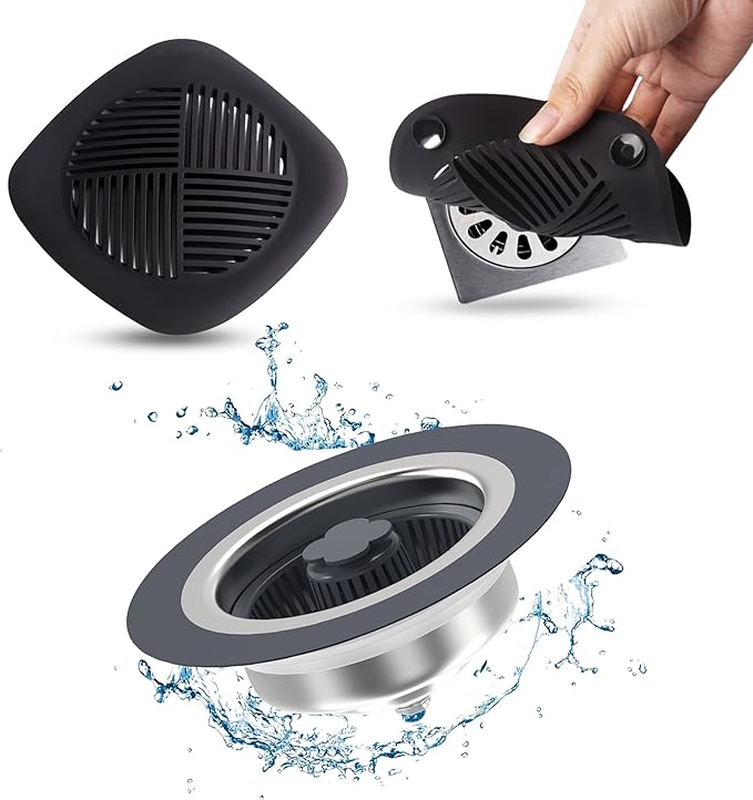 2-Piece Sink Strainers for Kitchen Sink Food Catcher - 3 in 1 Stainless Steel and Silicone Hair Drain Strainer Basket Stopper for Bathroom - Anti-Clogging Sink for US Standard 3-1/2 Inch Drains