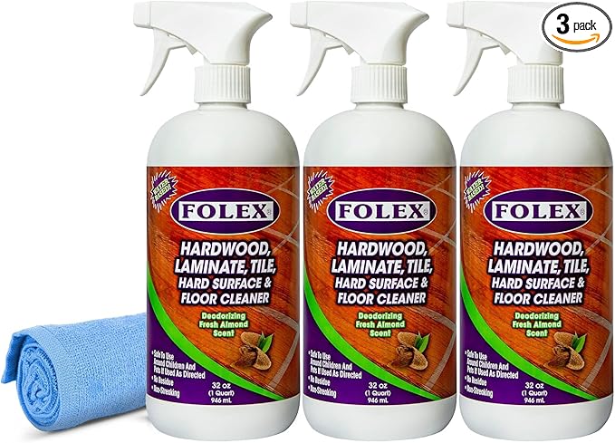 FOLEX Hardwood, Laminate, Tile, Hard Surface & Floor Cleaner with Reusable Cleaning Cloth, Fresh Almond Scent, Residue and Streak Free - 3 Pack