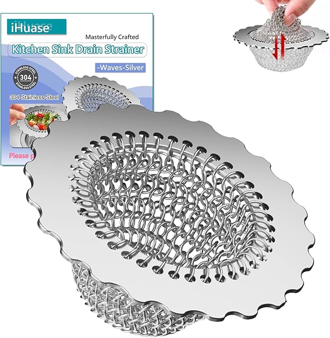 Kitchen Sink Drain Strainer, Patented 304 Stainless Steel Reversible Mesh Strainer with Flexible Chain, Handcrafted Anti-Clog Garbage Disposal Tool, Easy to Clean - 1 Pack