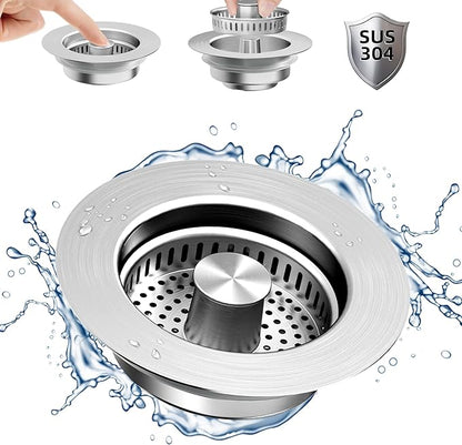 NinjaTiger Kitchen Sink Drain Strainer - Stainless Steel Sink Stopper 3-in-1 Pop-Up Sink Strainer with Anti-Clogging Basket Odor Filter Sink Drain Cover Plug for US Standard 3-1/2'' | Silver-1 Pack