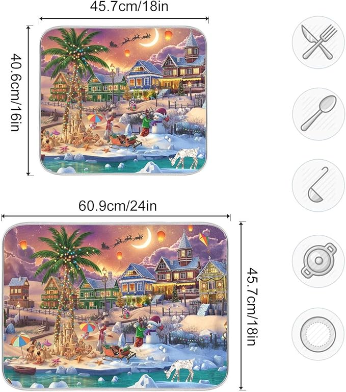 Winter Christmas Dish Drying Mat Cute Microfiber Drying Mats for Kitchen Counter,Reversible,Extra Large 24 x 18 Inches