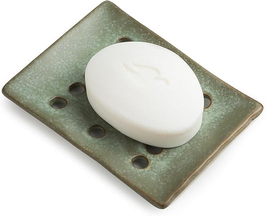Ceramic Soap Dish with Self Drain for Shower, Bar Soap Holder to Lift and Keep Dry, Concave Design to Prevent Slipping, Suitable for Kitchen and Bathroom, Green