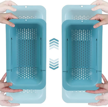 BLUE GINKGO Over the Sink Colander Strainer Basket - Wash Vegetables and Fruits, Drain Cooked Pasta and Dry Dishes - Extendable - New Home Kitchen Essentials (Green, 2 Pack)