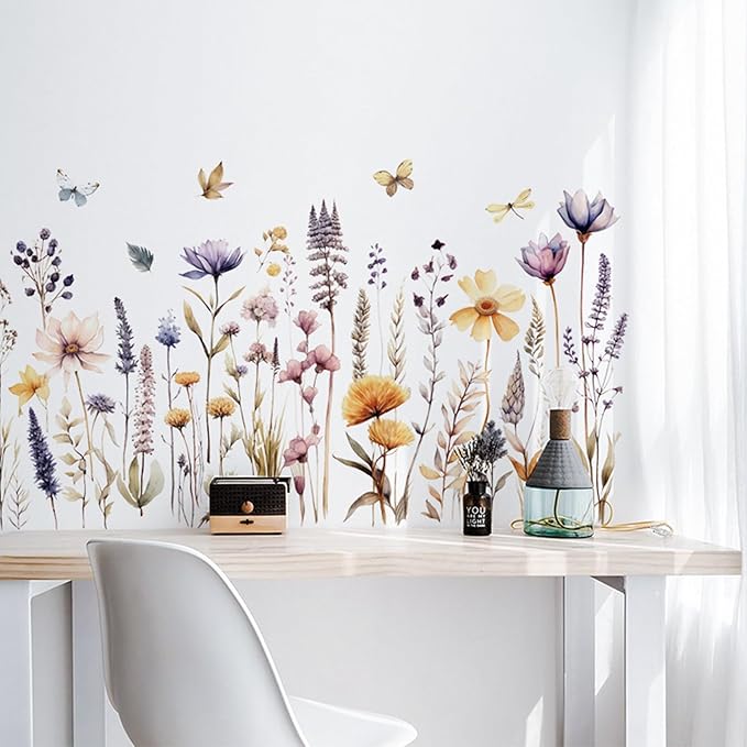 Wildflower Wall Decals Wall Decor Boho Flower Stickers, Dandelion Grass Wall Art Murals, 3D Flower Pattern Self-Adhesive Wall Stickers for Girls Bedroom Living Room Nursery Decor