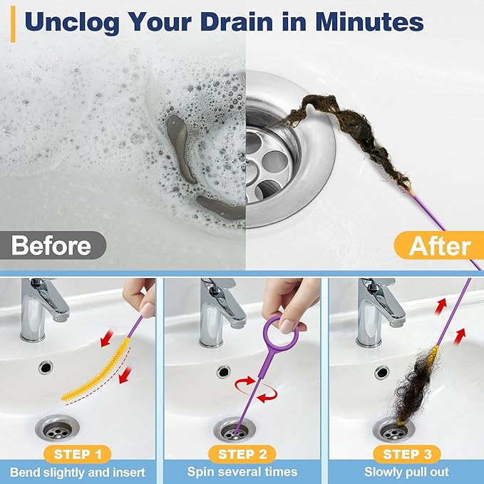 35-Inch Metal Drain Snake Hair Clog Remover, Reusable Sink Snake Drain Hair Remover Tool, Flexible Break-Resistant Plumbing Snake Drain Cleaner for Shower, Bathtub, and Kitchen Sink (5 Pack)