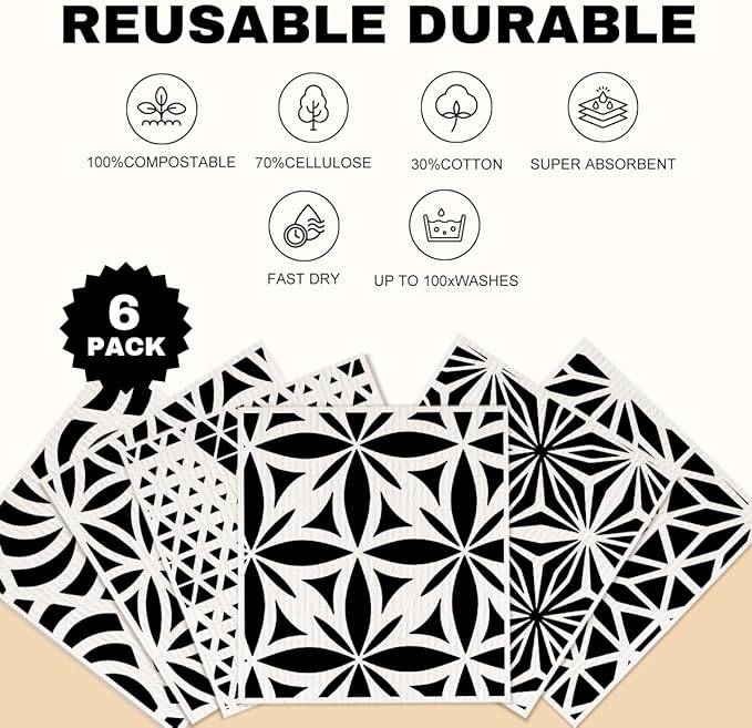 Swedish Dishcloths for Kitchen, 6 Pack Geometric Towels, Washable Absorbent Cellulose Sponge Cloths No Odor, Eco-Friendly Dish Cloths, Kitchen Gifts for Women, Home Kitchen Cleaning