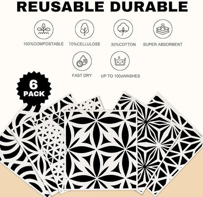 Swedish Dishcloths for Kitchen, 6 Pack Geometric Towels, Washable Absorbent Cellulose Sponge Cloths No Odor, Eco-Friendly Dish Cloths, Kitchen Gifts for Women, Home Kitchen Cleaning