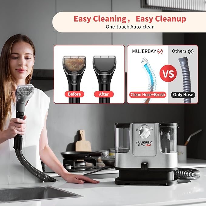 Upholstery Carpet Cleaner, MUJERBAY UltraHeat 12Kpa Portable Spot and Stain, Easy Move with Universal Wheels & Handle, 1.18-inch Deep Cleaning Machine for Couch, Stairs, Car and Pet Messes.