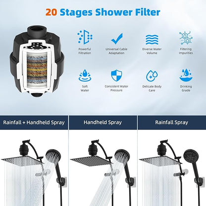 Hibbent All Metal 12'' Filtered Rainfall Shower Head Combo, High Pressure Handheld Shower Head with 16'' Adjustable Arc Extension Arm, 20 Stage Shower Filter, 10-spray, 71'' Shower Hose, Matte Black