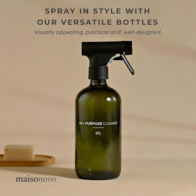 MaisoNovo Glass Spray Bottles for Plants - 16.9 fl oz Dark Green x 2 with 16 Labels