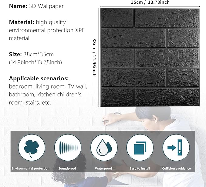 40 PCS Black 3D Wall Panels, 58 sq.feet Coverage Printable Wallpaper Sticker with Self-Adhesive Waterproof Brick PE Foam Wall Panels Peel and Stick for Interior Wall Decor, Home Decoration