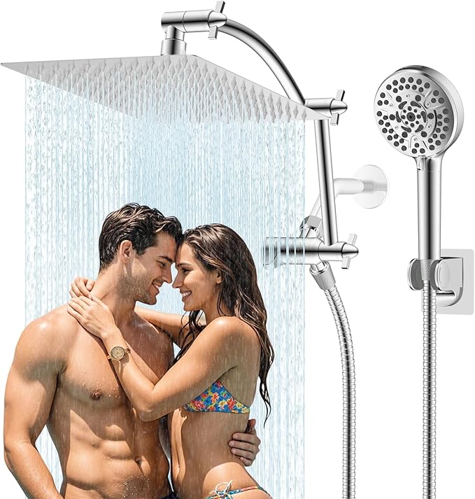 Hibbent All Metal cUPC Certified Shower Head, 12'' High Pressure Rainfall Shower Head, Handheld Showerhead Combo with 16'' Adjustable Extension Arm, 10 Sprays, 71'' Hose, Showerhead Holder, Chrome