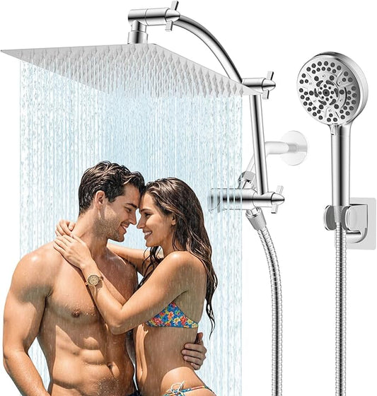 Hibbent All Metal cUPC Certified Shower Head, 12'' High Pressure Rainfall Shower Head, Handheld Showerhead Combo with 16'' Adjustable Extension Arm, 10 Sprays, 71'' Hose, Showerhead Holder, Chrome
