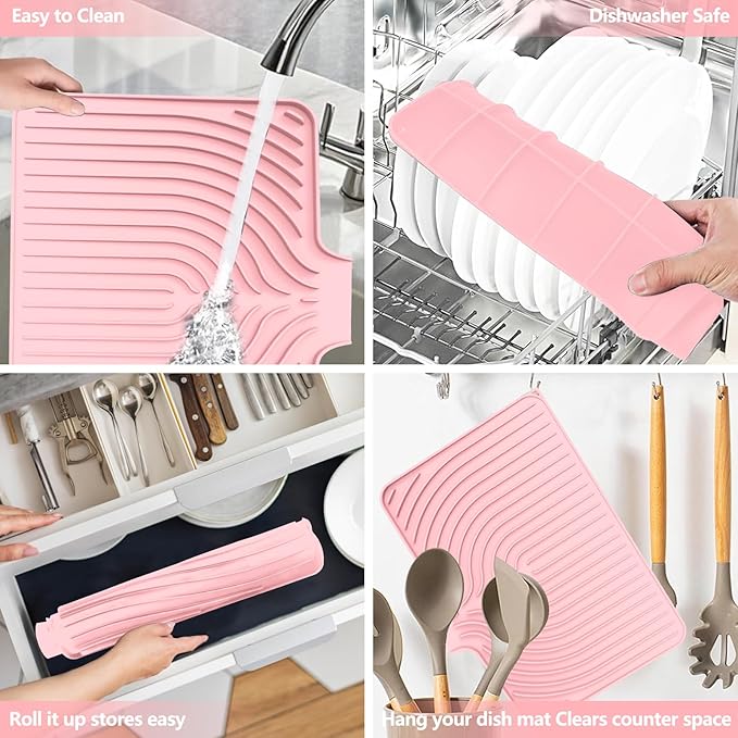 Dish Drying Mat for Kitchen Counter, with Built-in Drain Lip, Food-Grade Silicone, Easy Clean Pad for Countertop Protection, Multi-Functional Use (18x11.8, Pink)