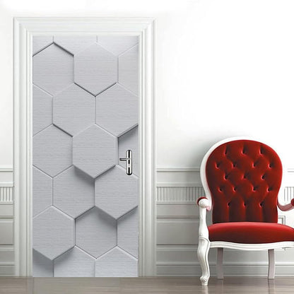 A.Monamour 3D Door Stickers for Interior Doors White Hexagon Geometric Pattern Vinyl Waterproof Self Adhesive Door Mural Decals for Bedroom Office Bathroom 85x215cm