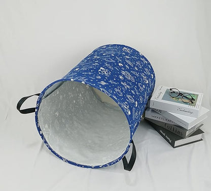 KUNRO Round Laundry Gift Basket Storage Hamper, Clothes Storage Organizer Bins, Shelf Basket with Handles for Room Decor (navy Spaceship)