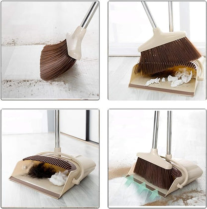 Broom and Dustpan Set Upright Self-Cleaning Sweeping Standing Set Use for Office Kitchen Home and Lobby Broom and Dustpan Combo (Beige)