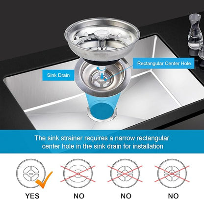 CORNERJOY 2 PCS Kitchen Sink Strainer and Stopper Combo Basket Replacement for Standard 3-1/2 inch Drain,Stainless Steel Basket with Rubber Stopper Bottom