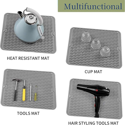 Silicone Dish Drying Mat for Multiple Usage,Easy clean,Eco-friendly,Heat-resistant Silicone Mat for Kitchen Counter or Sink,Refrigerator or Drawer liner Grey L 16 inches x 12 inches