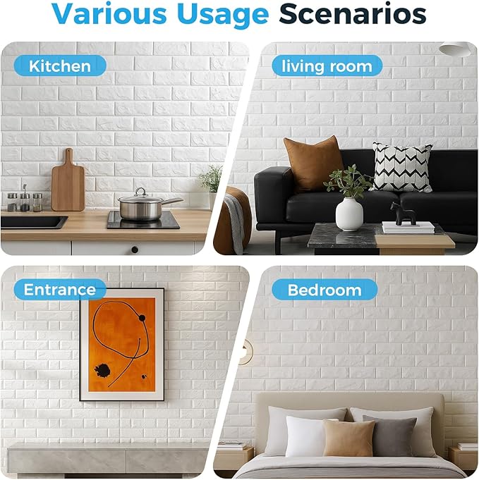 11 Pcs 3d Wall Panels Peel and Stick, White Brick Printable Faux Paneling Self Adhesive Waterproof 3d Wallpaper Stick and Peel for Bedroom, Bathroom, Kitchen, Fireplace (10.65 sq feet Coverage)