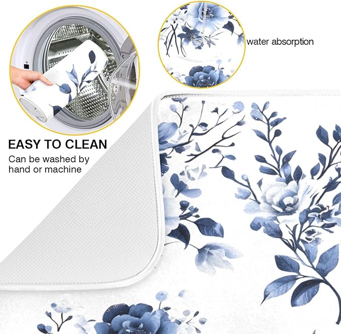 Blue White Porcelain Flower Dish Drying Mat for Kitchen Counter Absorbent Microfiber Drying Pad, Medium 16x18 in