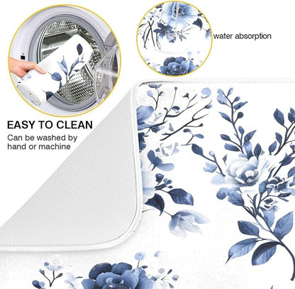 Blue White Porcelain Flower Dish Drying Mat for Kitchen Counter Absorbent Microfiber Drying Pad, Medium 16x18 in