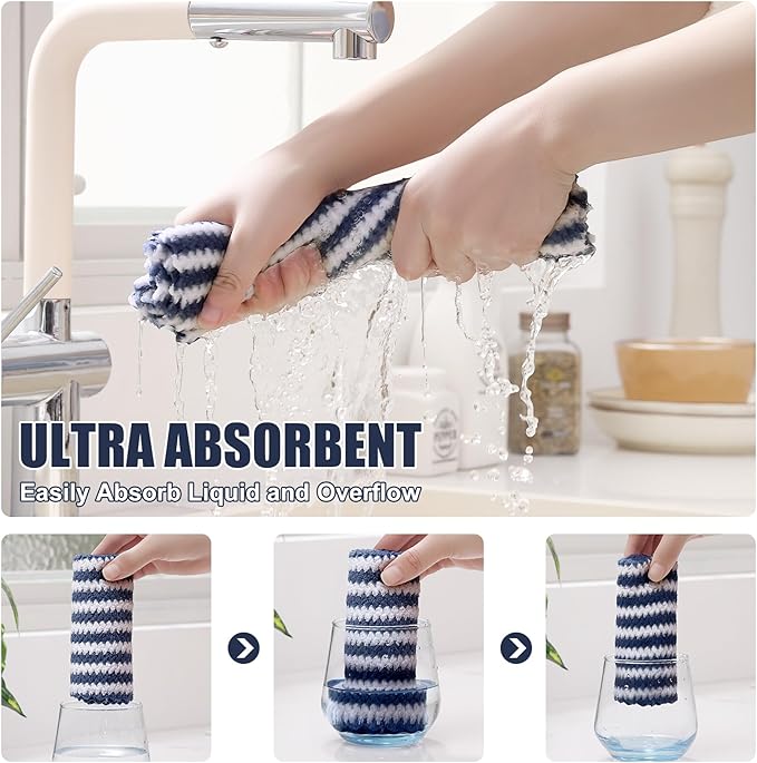 Homaxy 12 Pack Kitchen Dish Cloths, Ultra Soft and Absorbent Dish Towels, Reusable Fast Drying Microfiber Cleaning Cloth, Coral Velvet Wave Design No-lint, 10 x 10 inches, Navy Blue