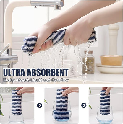 Homaxy 12 Pack Kitchen Dish Cloths, Ultra Soft and Absorbent Dish Towels, Reusable Fast Drying Microfiber Cleaning Cloth, Coral Velvet Wave Design No-lint, 10 x 10 inches, Navy Blue