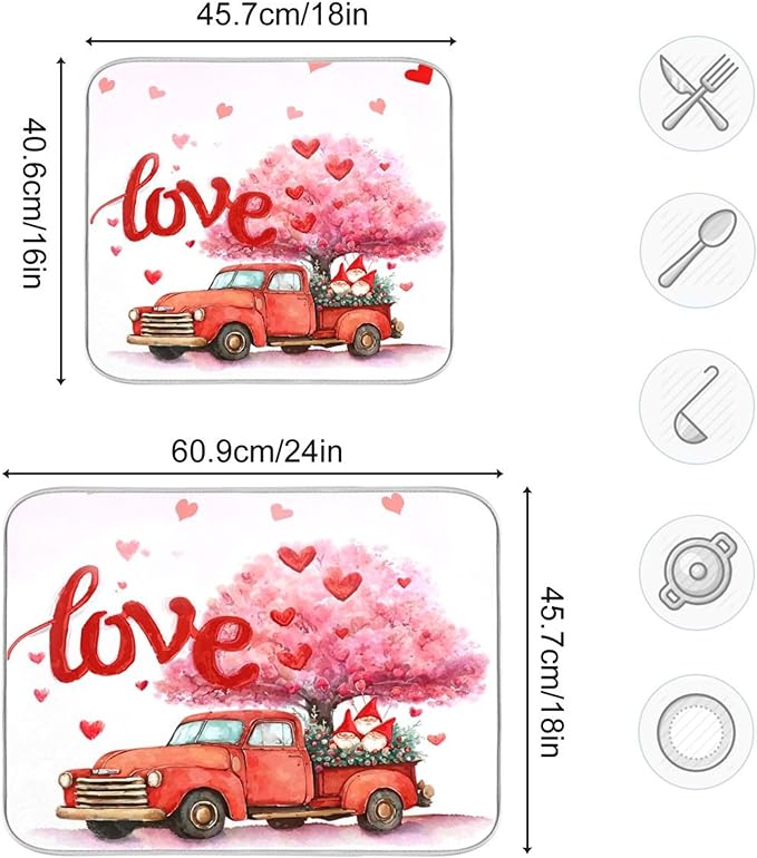 Valentine’s Day Love Tree Dish Drying Mat for Kitchen Countertop 16x18 Happy Valentines Day Gnomes White Small Drying Mat Reusable Quick Dry Dish Sink Mats Easy Clean Decorative Essentials