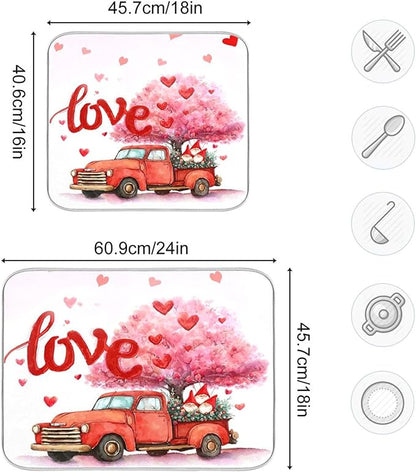 Valentine’s Day Love Tree Dish Drying Mat for Kitchen Countertop 16x18 Happy Valentines Day Gnomes White Small Drying Mat Reusable Quick Dry Dish Sink Mats Easy Clean Decorative Essentials