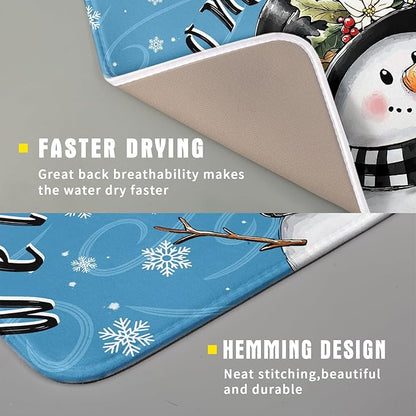 Christmas Snowman Dish Drying Mat for Kitchen Counter 16x18 Blue White Snowflake Welcome Winter Holiday Absorbent Reversible Microfiber Drying Mats Kitchen Countertop Protector Dishes Drainer Rack Pad