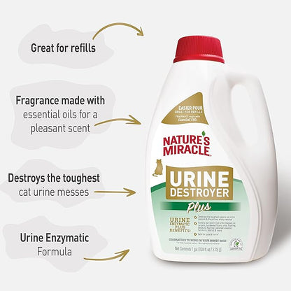Nature’s Miracle Urine Destroyer Plus for Cats, Enzymatic Formula Tough on Strong Cat Urine And The Yellow Sticky Residue, 1 Gal