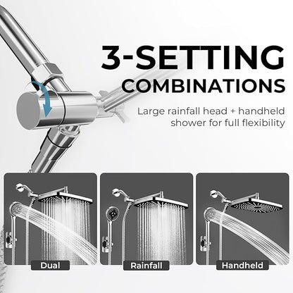 Wide Rain Shower Head With 5 Modes Handheld Showerheads, High Pressure Showerhead Combo with Extension Arm for Bathroom Accessories, Adjustable Shower Head with Anti-Clog Nozzles (Chrome)