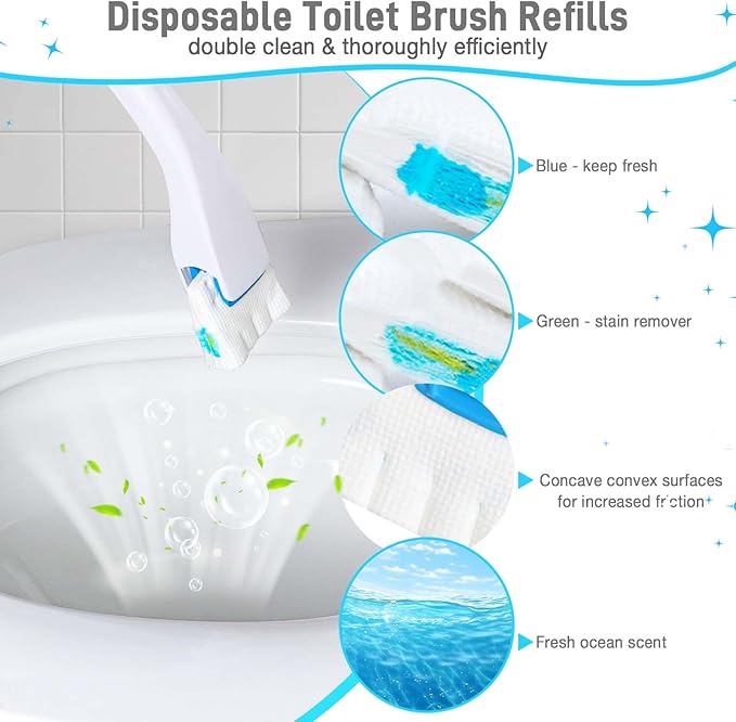 Toilet Cleaner Refill Pads Ocean Scent Enhanced Odor Control 48 Count Toilet Scrubber Refill Clean Stains Disposable Toilet Brush Refill for Toilet and Bathroom