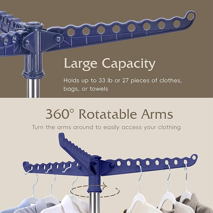Beaudaily Clothes Drying Rack, Foldable Laundry Drying Rack, Indoor 59-Inch Drying Rack Clothing with 3 Rotatable Arms, Stainless Steel, Holds 27 Pieces, Space Saving, Portable, Blue and Silver