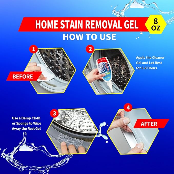Home Stain Remover Gel – Stubborn Stain Cleaner No Harsh Scrubbing Required, Front Loader Washing Machine Seal Washing Machine Seals, Sinks & Tiles | No-Slip Formula | 8H Penetration | 16.0oz