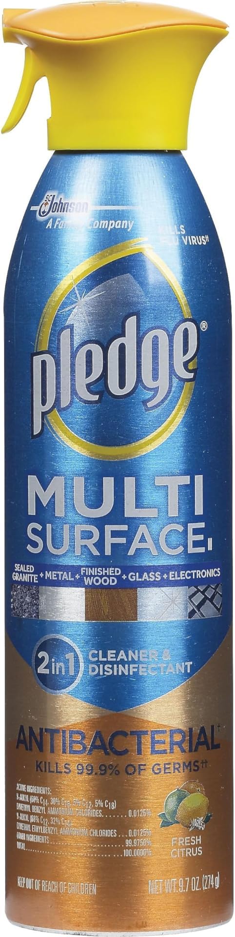 Pledge Multi Surface Antibacterial Everyday Cleaner, 9.7 Oz Aerosol Spray, 6/Carton