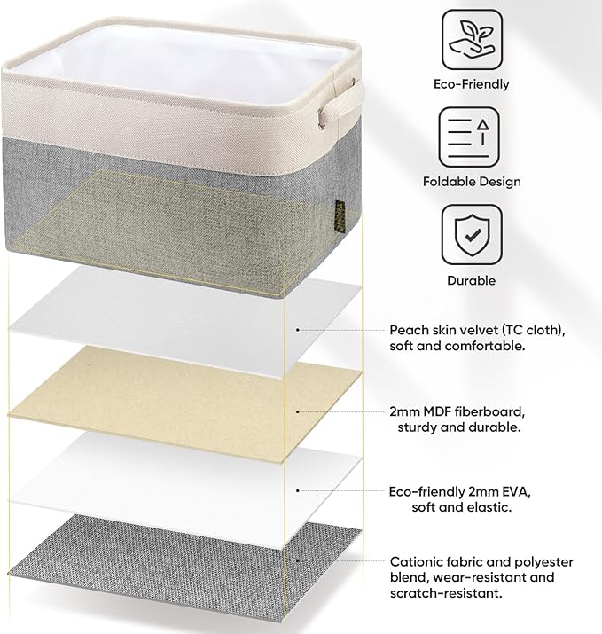 BALEINE 2 Pack Fabric Closet Storage Bins for Shelves, Linen Closet Organizers and Storage, Decorative Baskets for Organizing, Shelf, Clothes, Home, Office (Grey, 12"x8"x8")