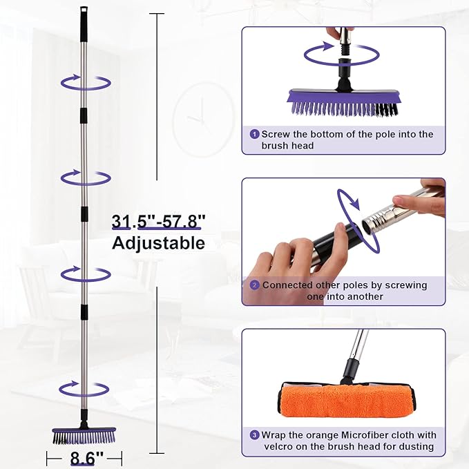 Grout Cleaner Brush with Long Handle, V-Shaped Floor Scrub Brush Swivel Grout Brush Stiff Bristle Floor Grout Scrubber for Bathroom, Tile Line, Crevice, Kitchen, Wall, Deck, Garage (Purple)