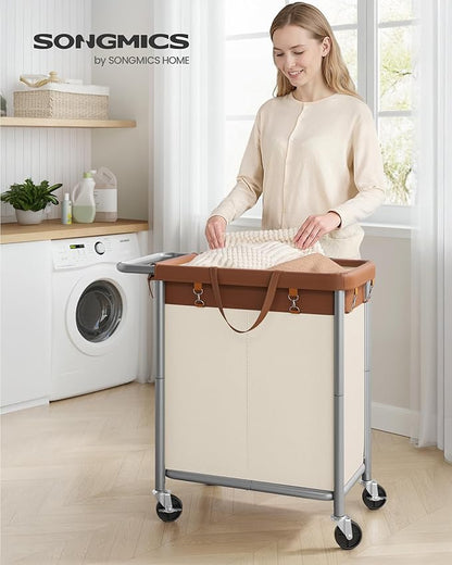 SONGMICS Laundry Basket with Wheels, 2-Section Rolling Laundry Hamper, 37 Gallons (140 L), Removable Liner, Steel Frame with Handle, 27.2 x 15.4 x 31.9 Inches, Coffee Brown and Cream White URLS004KQ02